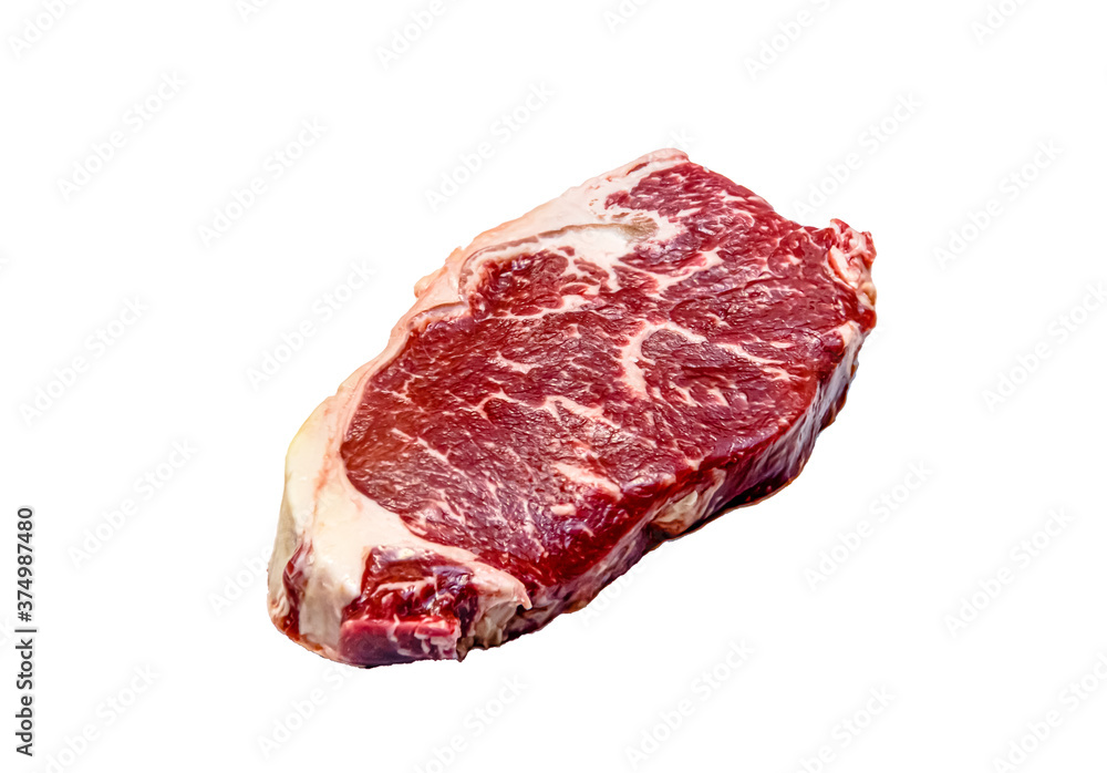 Raw Striploin steak (New York) from marbled beef on a white background, isolated Raw Striploin steak (New York) from marbled beef on a white background, isolated