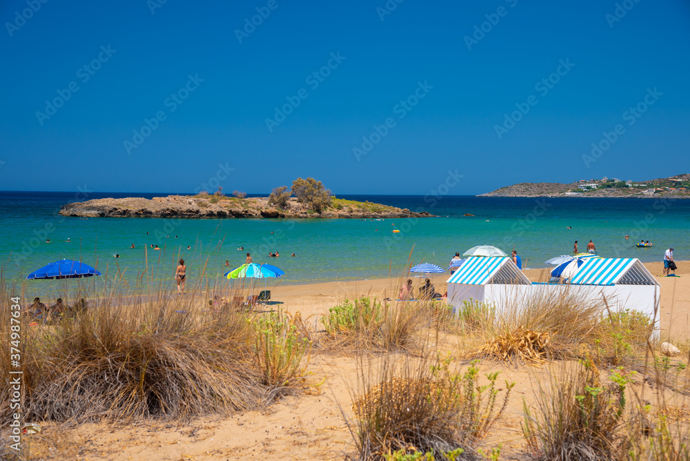 Fototapeta premium Sandy beach of Kalathas with the picturesque islet in Akrotiri Chania, Crete, Greece.