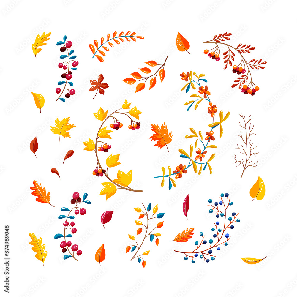 Set of autumn elements of branches with berries and leaves. Collection of illustrations of autumn leaves, berries, branches, wreaths. Design elements for postcards, banners, invitations, labels.