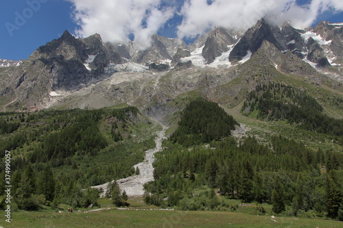Majestic mountains dominating the skyline in Val Ferret, Aosta Valley. 
