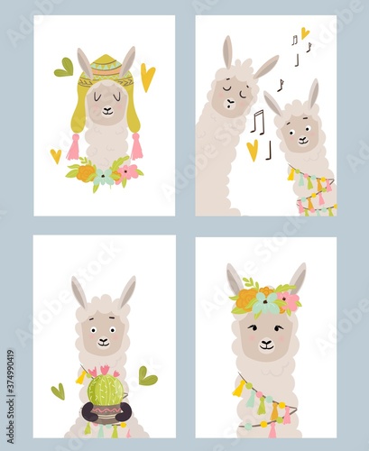 Cute card design with llamas portraits. Vector illustration for cards, invitations, print, apparel, nursery decoration.