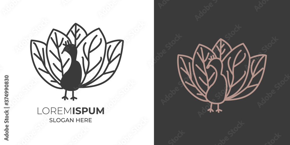Peacock creative logo with leaf icon and circle icon.Peacock vector design .silhouette logo template vector illustration vintage minimal retro icon mono line Peacock creative logo with leaf icon and circle icon.Peacock vector design .silhouette logo template vector illustration vintage minimal retro icon mono line