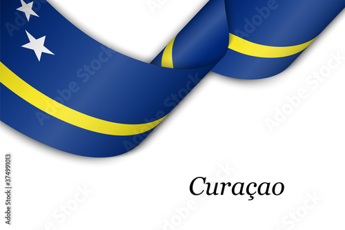Waving ribbon or banner with flag of Curacao