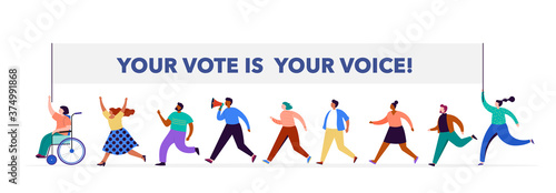 Group of people, walking with flags to elections. Crowd of women and men at a demonstration. Concept for election campaign, voting theme vector background. 