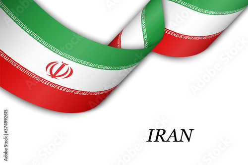 Waving ribbon or banner with flag of Iran