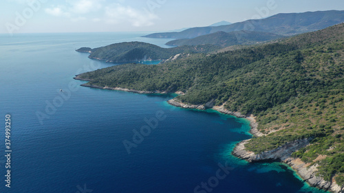 Aerial drone photo of beautiful paradise peninsula and bay of Skinos with many crystal clear beaches in beautiful Ionian island of Ithaki or Ithaca, Greece © aerial-drone