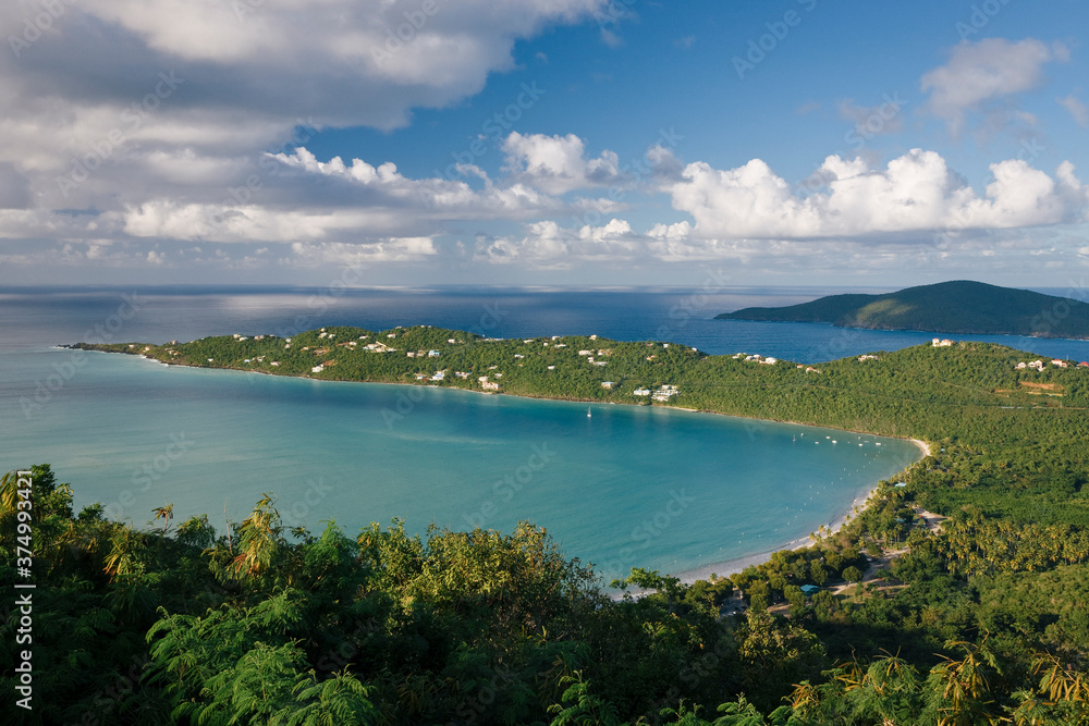 West Indies, Caribbean, Lesser Antilles, Leeward Islands, US Virgin Islands, St. Thomas, elevated view over the world famous beach at Magens Bay West Indies, Caribbean, Lesser Antilles, Leeward Islands, US Virgin Islands, St. Thomas, elevated view over the world famous beach at Magens Bay