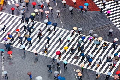 Asia, Japan, Tokyo, Shibuya, Shibuya Crossing - crowds of people crossing the famous crosswalks at the centre of Shibuyas fashionable shopping and entertainment district - elevated view
