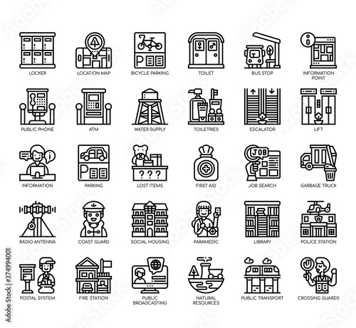 Set of public service thin line and pixel perfect icons for any web and app project.