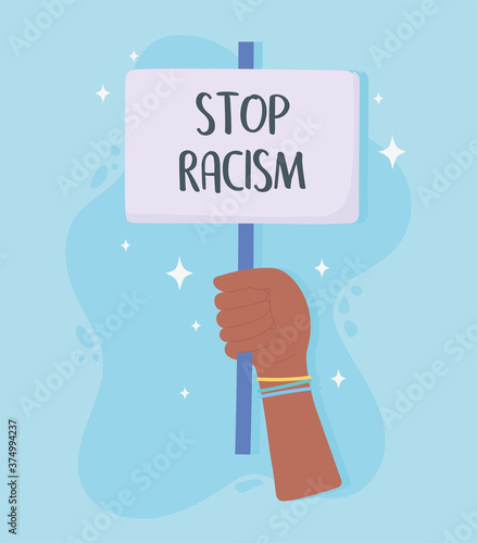black lives matter banner for protest, fist raised up with placard, awareness campaign against racial discrimination