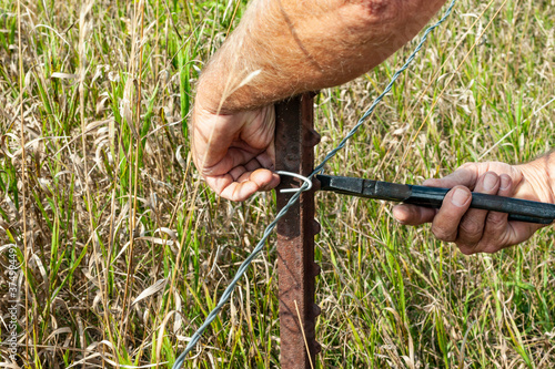 Hands of a person placing a fence clip on smooth wire around an iron fence post.