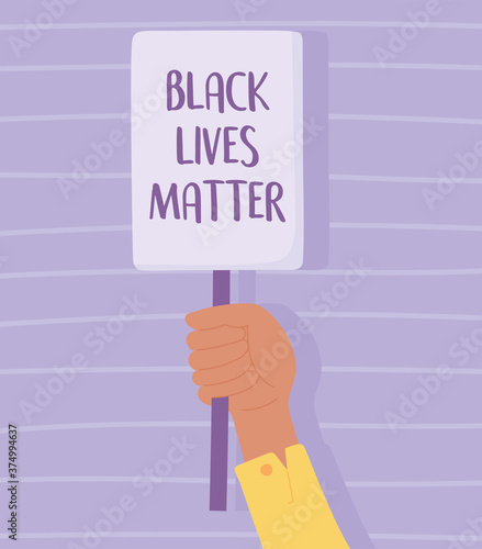 black lives matter banner for protest, holding poster in hand, awareness campaign against racial discrimination