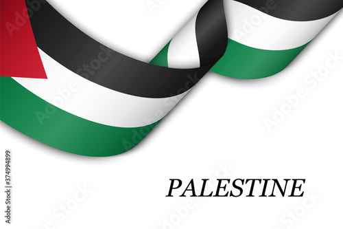 Waving ribbon or banner with flag of Palestine