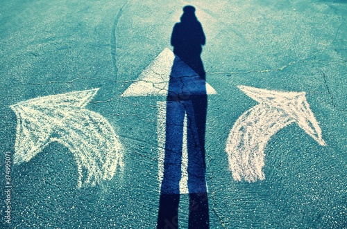 A person looks at three arrows and tries to choose the right path. photo