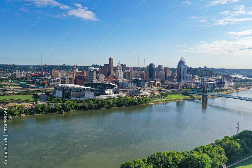 Aerial photo of blue skies over Cincinnati, the Ohio River, Covington Kentucky and Newport.