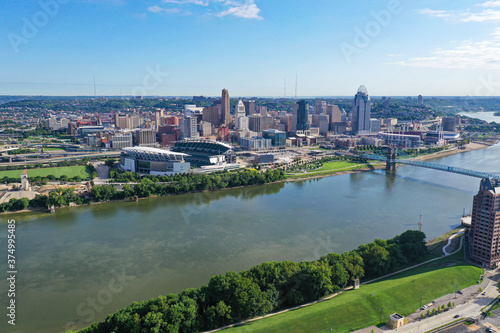 Aerial photo of blue skies over Cincinnati, the Ohio River, Covington Kentucky and Newport.