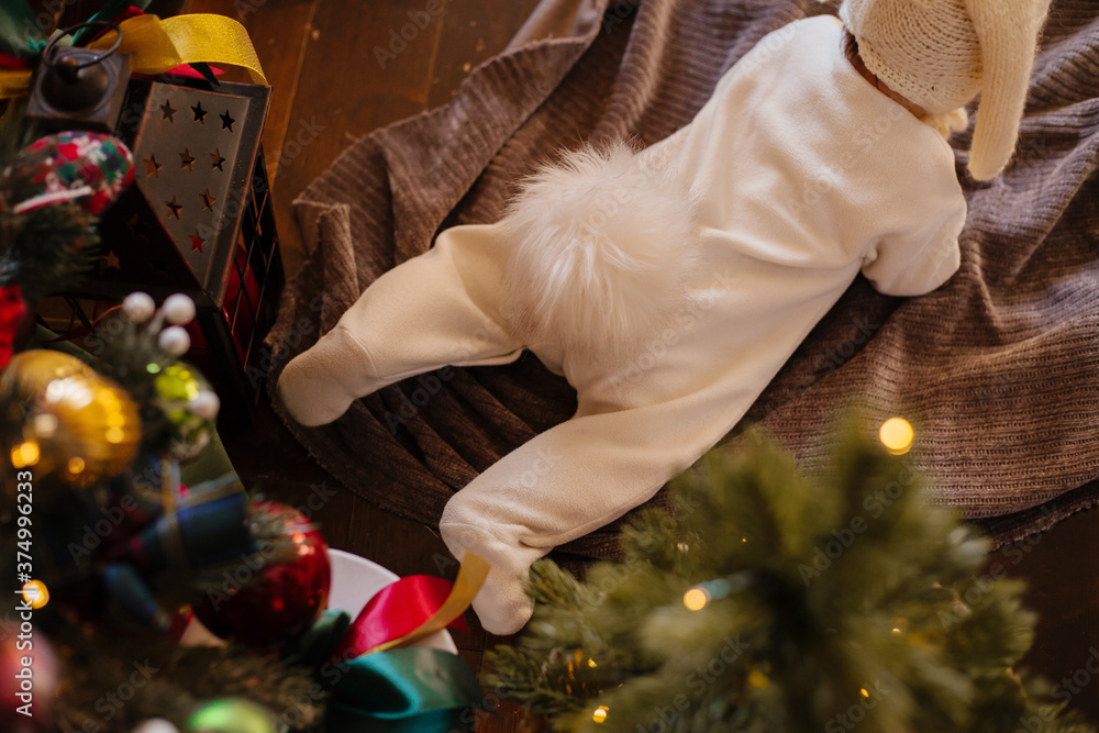 A newborn baby lies on a blanket near the Christmas tree in a rabbit costume tail up, face down. A kid in a rabbit costume crawls on the veil. A newborn baby lies on a blanket near the Christmas tree in a rabbit costume tail up, face down. A kid in a rabbit costume crawls on the veil.