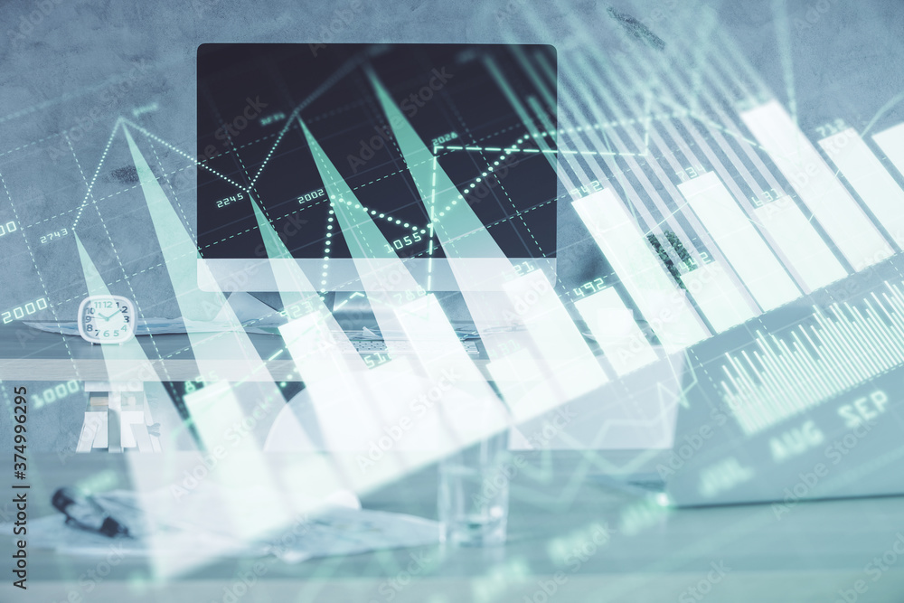 Multi exposure of financial graph drawing and office interior background. Concept of market analysis. Multi exposure of financial graph drawing and office interior background. Concept of market analysis.