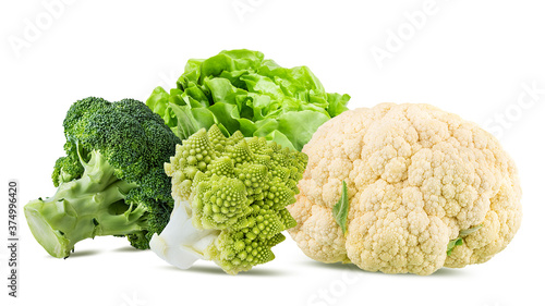 Group of vegetables broccoli, cauliflower, romanesco,  lettuce isolated on white background