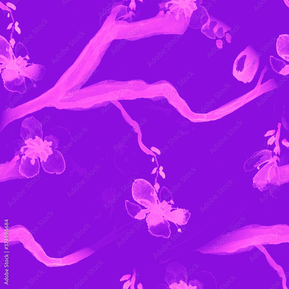 Fototapeta premium Blossom Watercolor. Bright Pink Sakura Tree. 