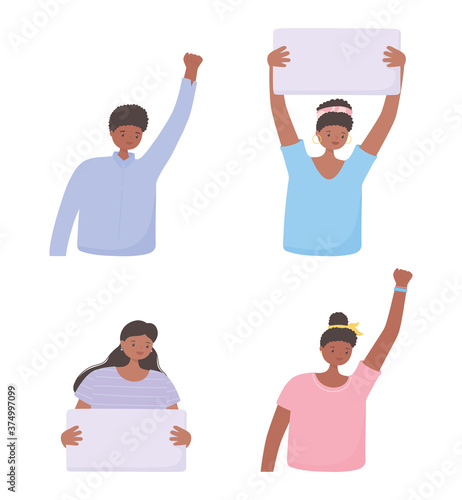 black lives matter banner for protest, women and man with banners, awareness campaign against racial discrimination