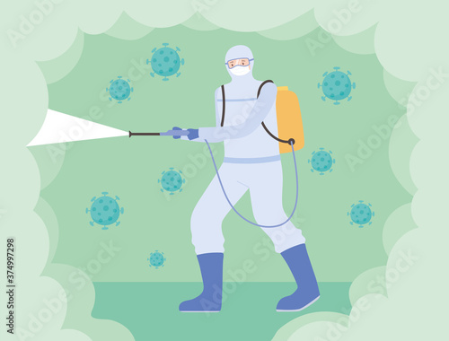 virus disinfection, man with protective mask suit cleaning, covid 19 coronavirus, preventive measure