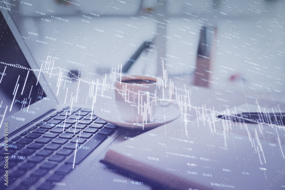 Double exposure of financial chart drawing and desktop with coffee and items on table background. Concept of forex market trading Double exposure of financial chart drawing and desktop with coffee and items on table background. Concept of forex market trading