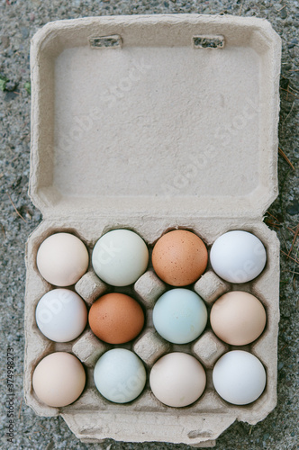 Carton of local organic colorful eggs photo