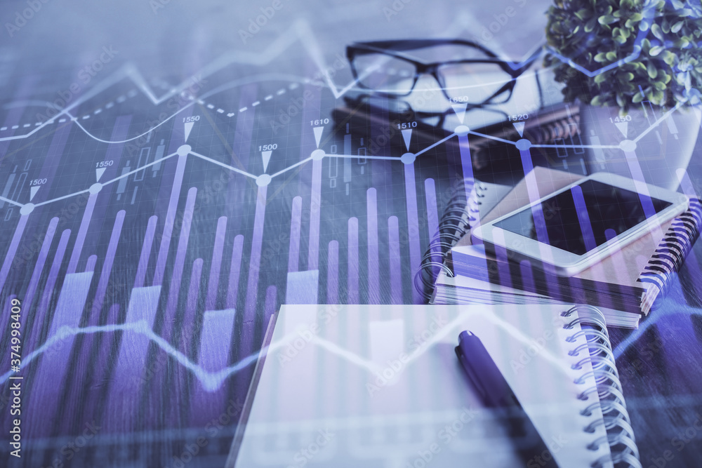 Double exposure of forex chart drawing and cell phone background. Concept of financial trading Double exposure of forex chart drawing and cell phone background. Concept of financial trading