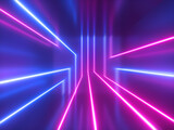 3d render, abstract geometric background, pink blue violet neon light, chaotic glowing lines, laser rays inside dark room. Futuristic technology