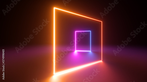 3d render, abstract neon geometric background. Stage laser show illumination. Blank rectangular shapes, square frames, virtual reality with copy space. Glowing neon lines. Minimal futuristic design