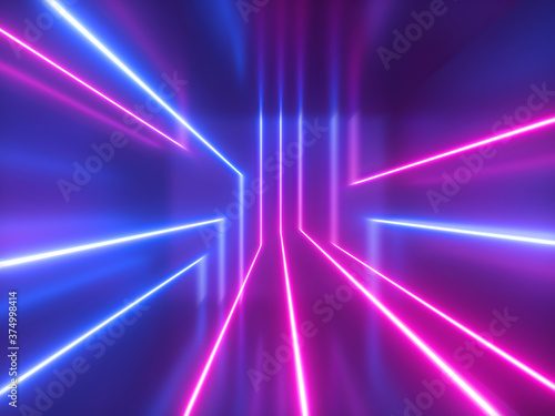 3d render, abstract geometric background, pink blue violet neon light, chaotic glowing lines, laser rays inside dark room. Futuristic technology
