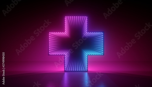 3d render, abstract neon background, glowing pink blue led light, plus or cross symbol with tunnel optical illusion inside. Modern minimal geometric design, empty performance stage floor reflection