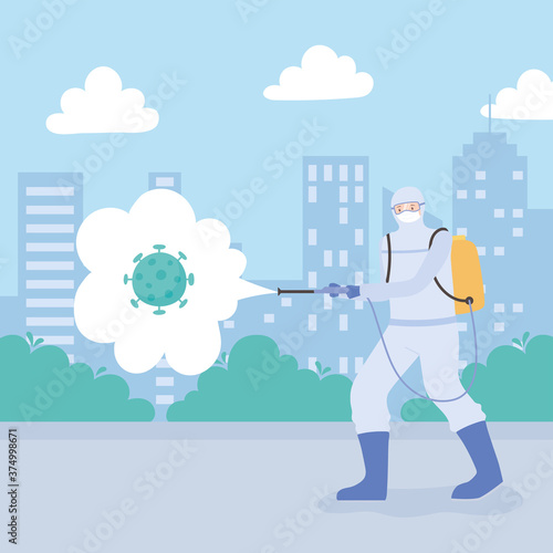 virus disinfection, man with medical suit and mask spraying disinfectant coronavirus in the city, preventive measure