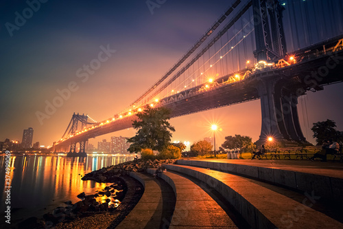 Manhattan Bridge and park by night, NYC photo