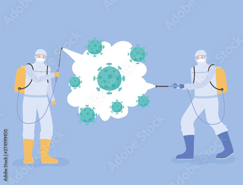 virus disinfection, covid 19 coronavirus, medical scientists in hazmat suits cleaning and disinfecting coronavirus cells