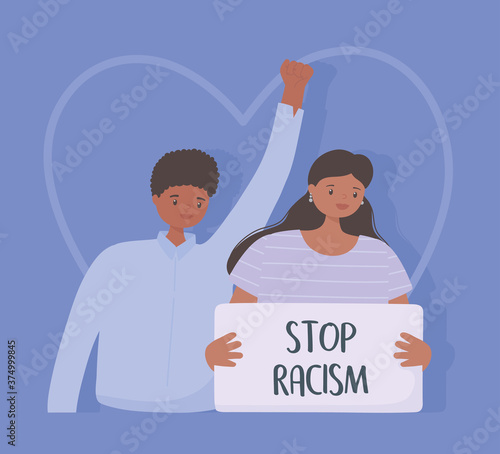 black lives matter banner for protest, woman and man solidarity stop racism, awareness campaign against racial discrimination