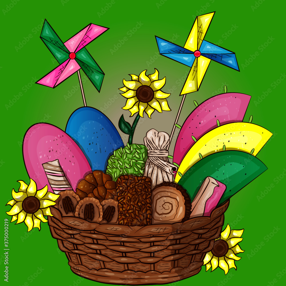 Canasta con dulces y rehiletes  Basket with sweets and pinwheels. Feria colorida