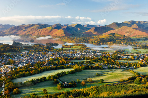 United Kingdom, England, Cumbria, Lake District, View over Keswick and Derwent Water from the Skiddaw Range photo