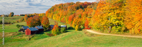 Fall foliage surrounding red barns at Jenne Farm in South Woodstock, Vermont, New England, North America photo