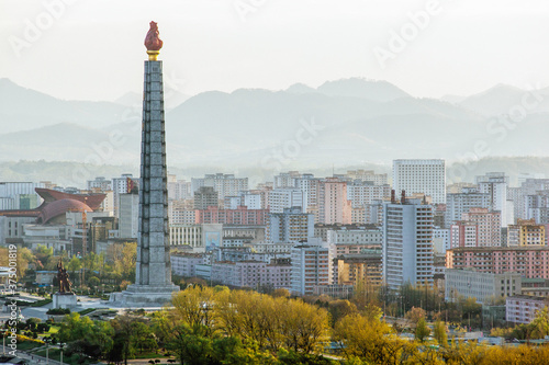 Democratic Peoples's Republic of Korea (DPRK), North Korea, Pyongyang, city skyline and the Juche Tower photo