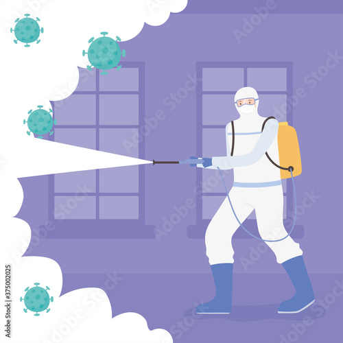 virus disinfection, man in hamzat suit cleaning and disinfecting, covid 19 coronavirus, preventive measure