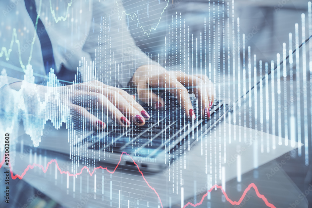 Multi exposure of woman hands typing on computer and financial graph hologram drawing. Stock market analysis concept. Multi exposure of woman hands typing on computer and financial graph hologram drawing. Stock market analysis concept.