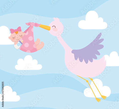 baby shower, stork carrying baby girl in blanket, celebration welcome newborn