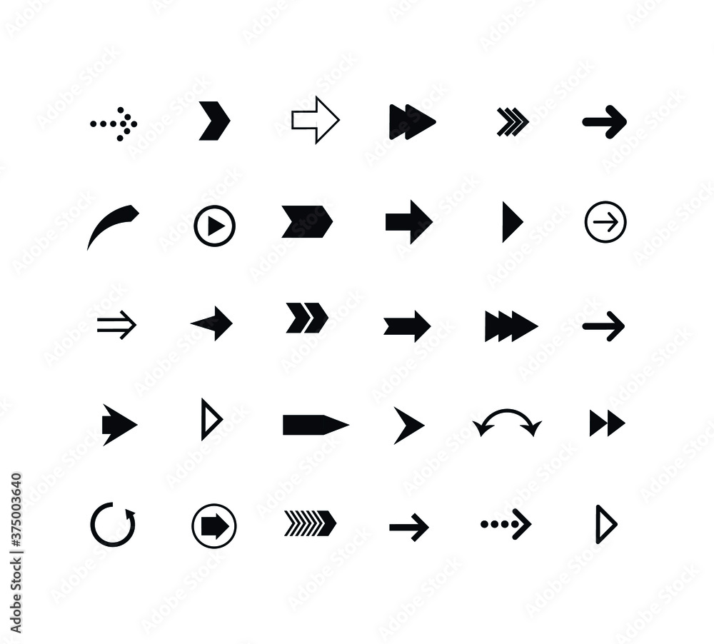 Set of black arrows. Collection of different styles. Vector illustration.