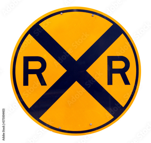Fotografi Black and orange circular railroad crossing sign. Isolated