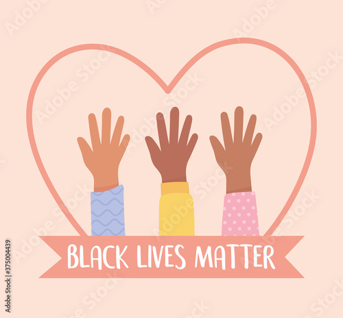 black lives matter banner for protest, raised hands diversity in heart, awareness campaign against racial discrimination