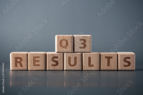 Q3 results, wooden block with text. Business concept.