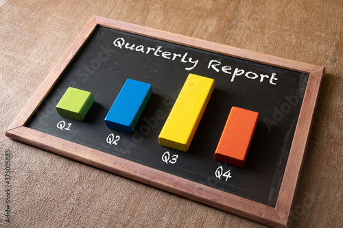 Quarterly report concept. Bar graph on chalkboard. Company stock finance performance and fundamental.