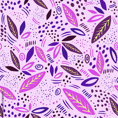 Abstract seamless pattern with leaves. Vector pink background for various surface. Trendy hand drawn textures. Illustration. For print, wallpapers, fashion, backgrounds, textures, DIY, wrappers, cards
